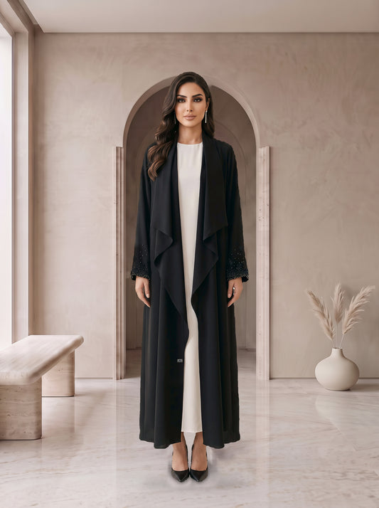 BADOUR black drape abaya with white inner, front view, Diva Atelier Dubai