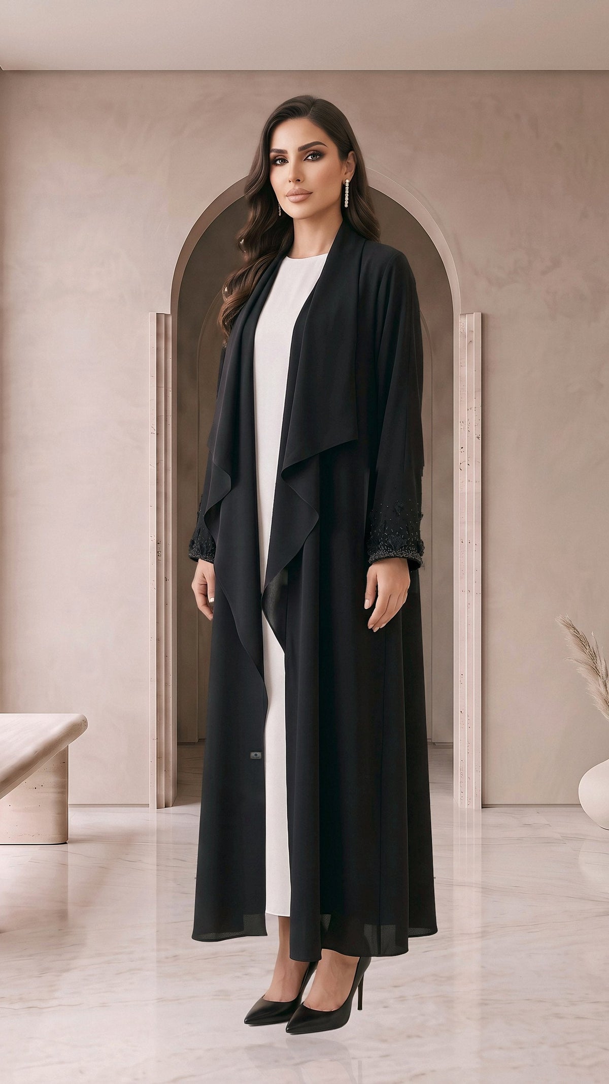 BADOUR black drape abaya, three-quarter view