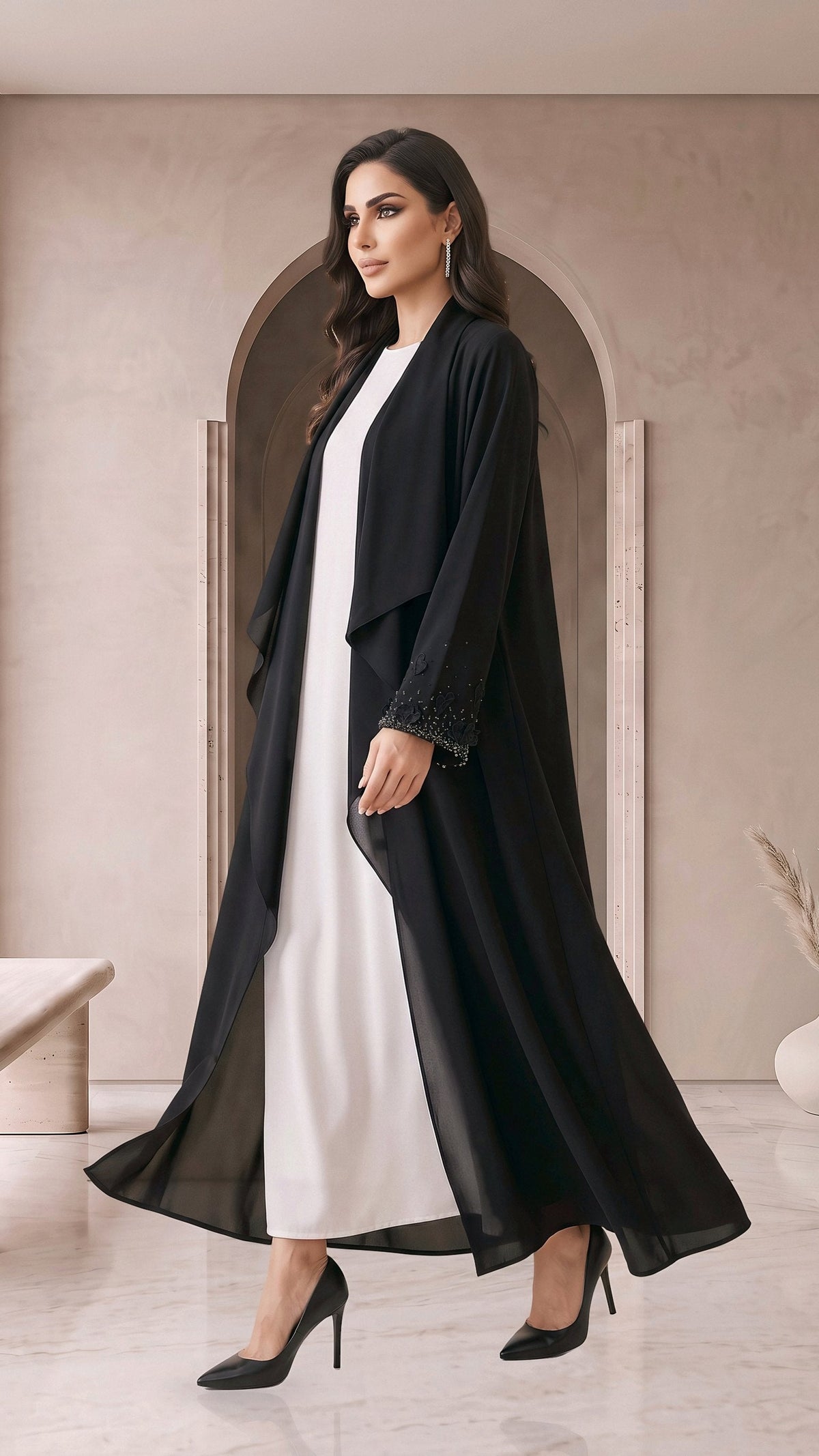 BADOUR black drape abaya, side walking view