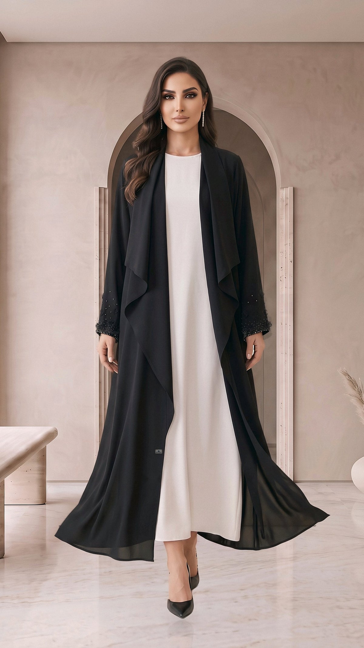 BADOUR black drape abaya, walking