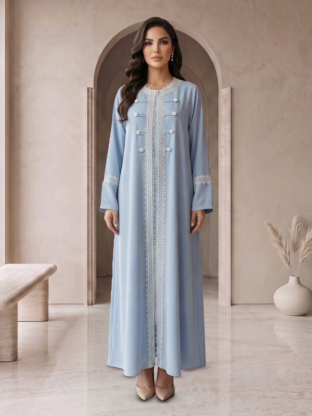 BAYAN sky blue lace abaya, front view, Diva Atelier Dubai