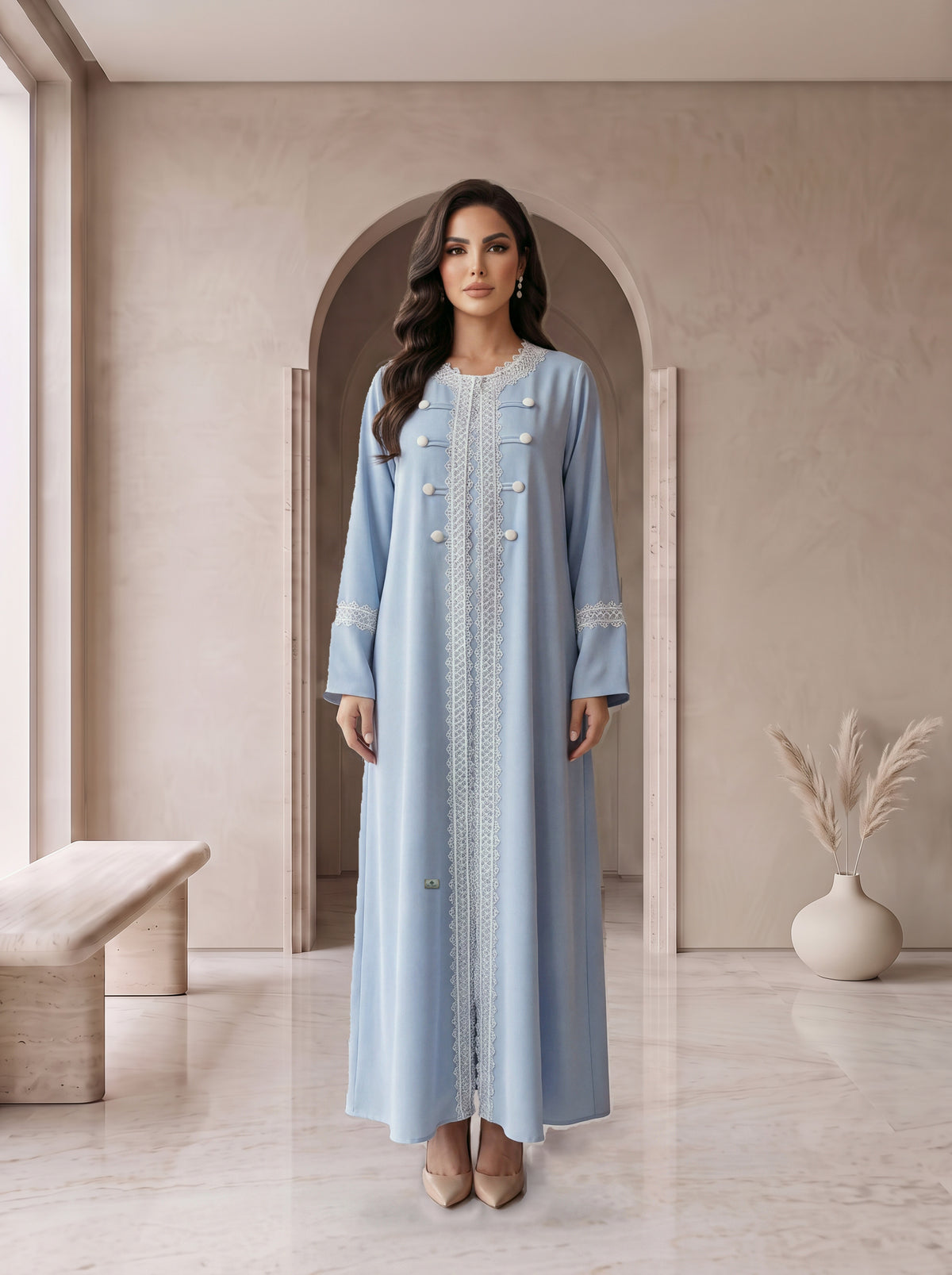 BAYAN sky blue lace abaya, front view, Diva Atelier Dubai