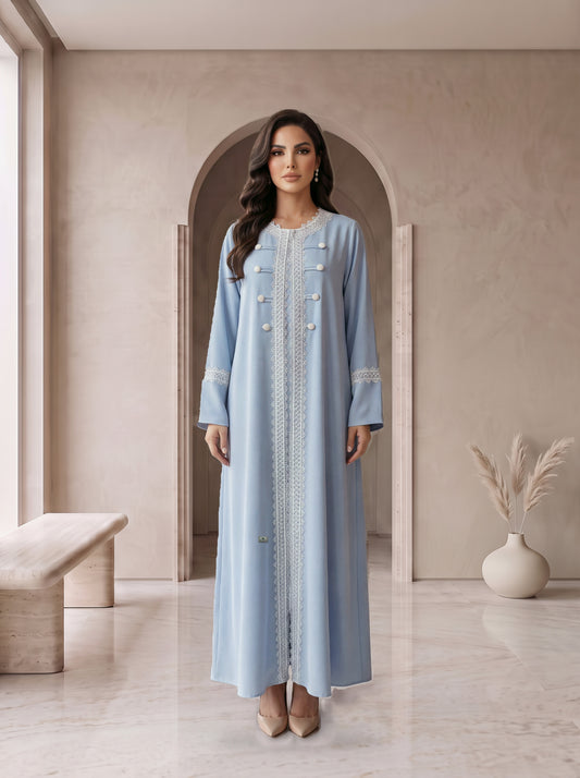 BAYAN sky blue lace abaya, front view, Diva Atelier Dubai