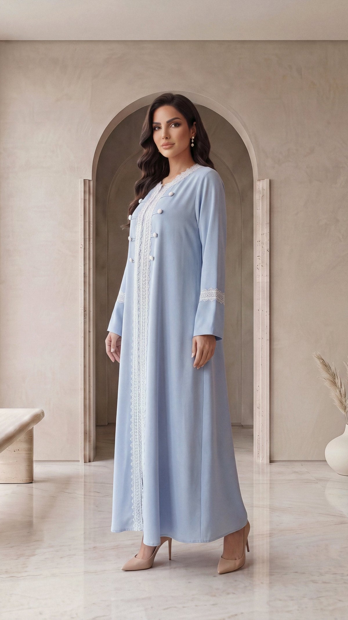 BAYAN sky blue abaya, three-quarter view
