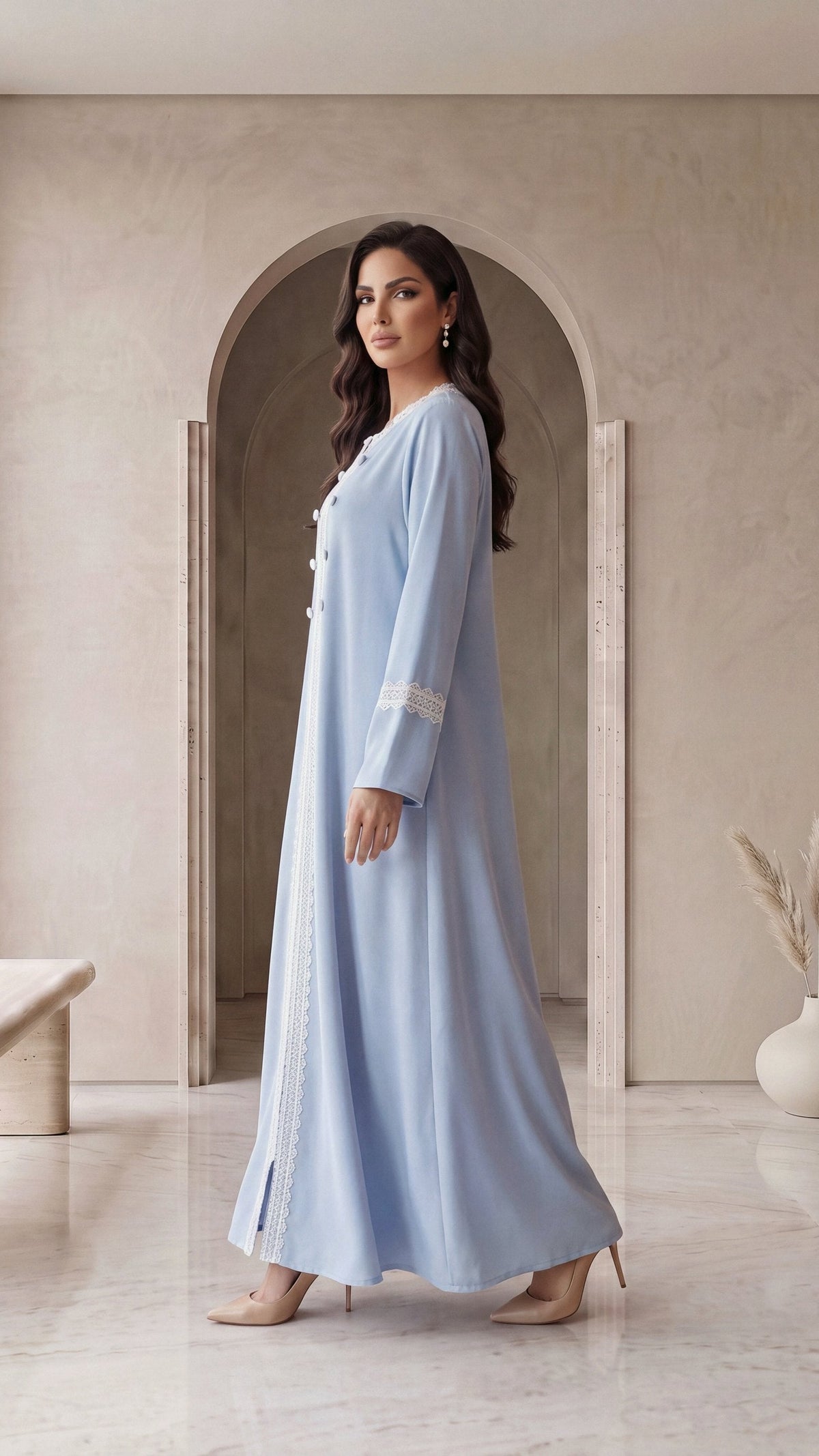 BAYAN sky blue abaya, side walking view