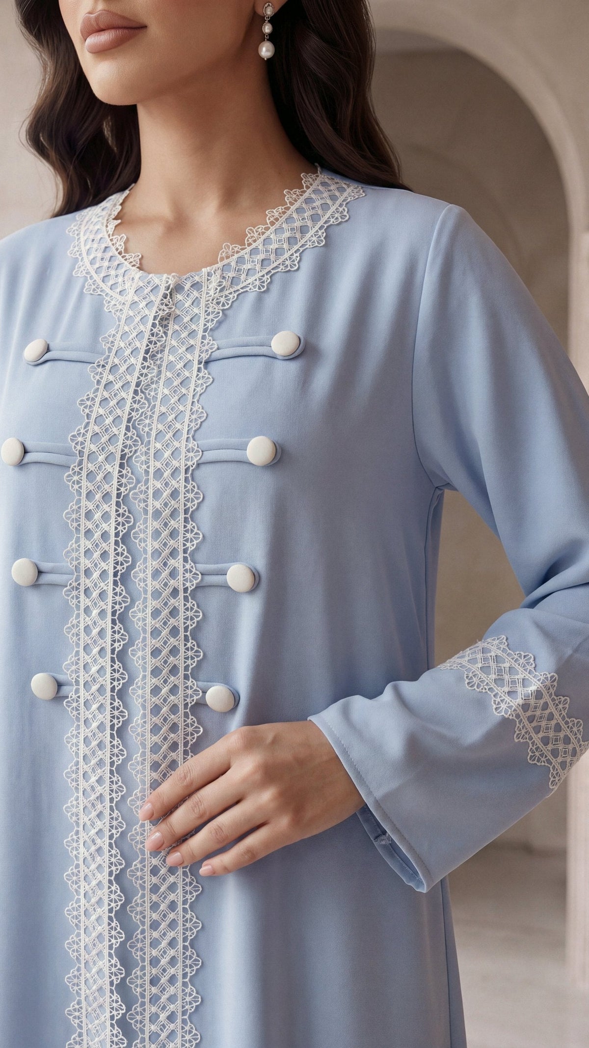 BAYAN lattice lace and covered buttons close-up
