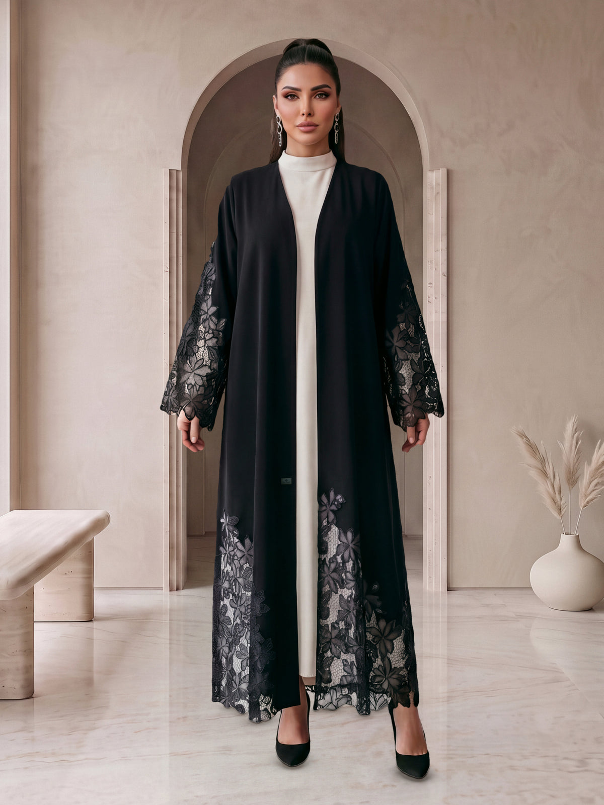 DALAL black lace abaya, front view, Diva Atelier Dubai