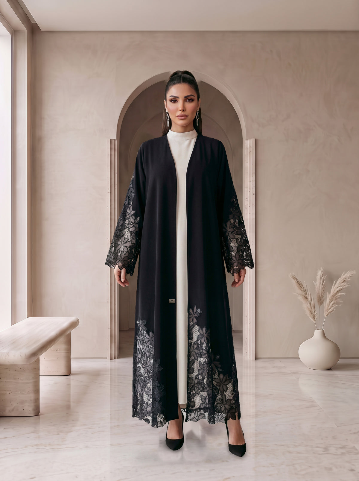 DALAL black lace abaya, front view, Diva Atelier Dubai