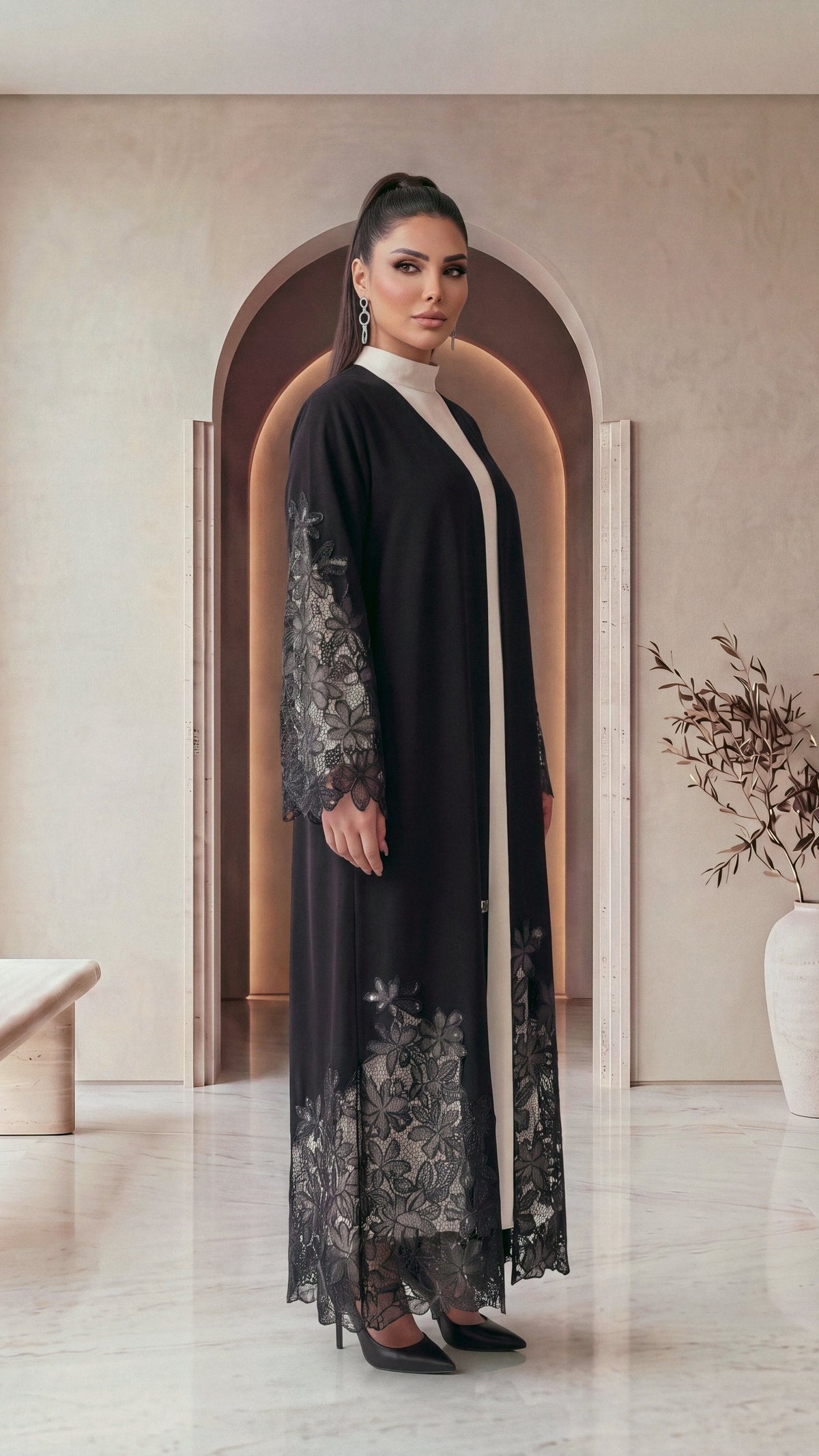 DALAL black lace abaya, three-quarter view