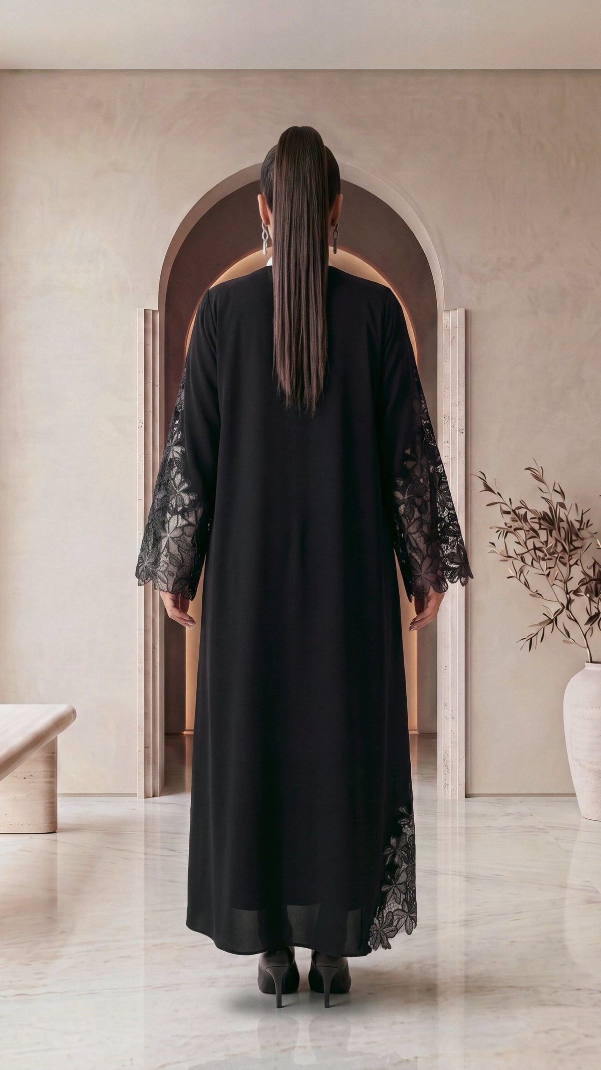 DALAL black lace abaya, back view