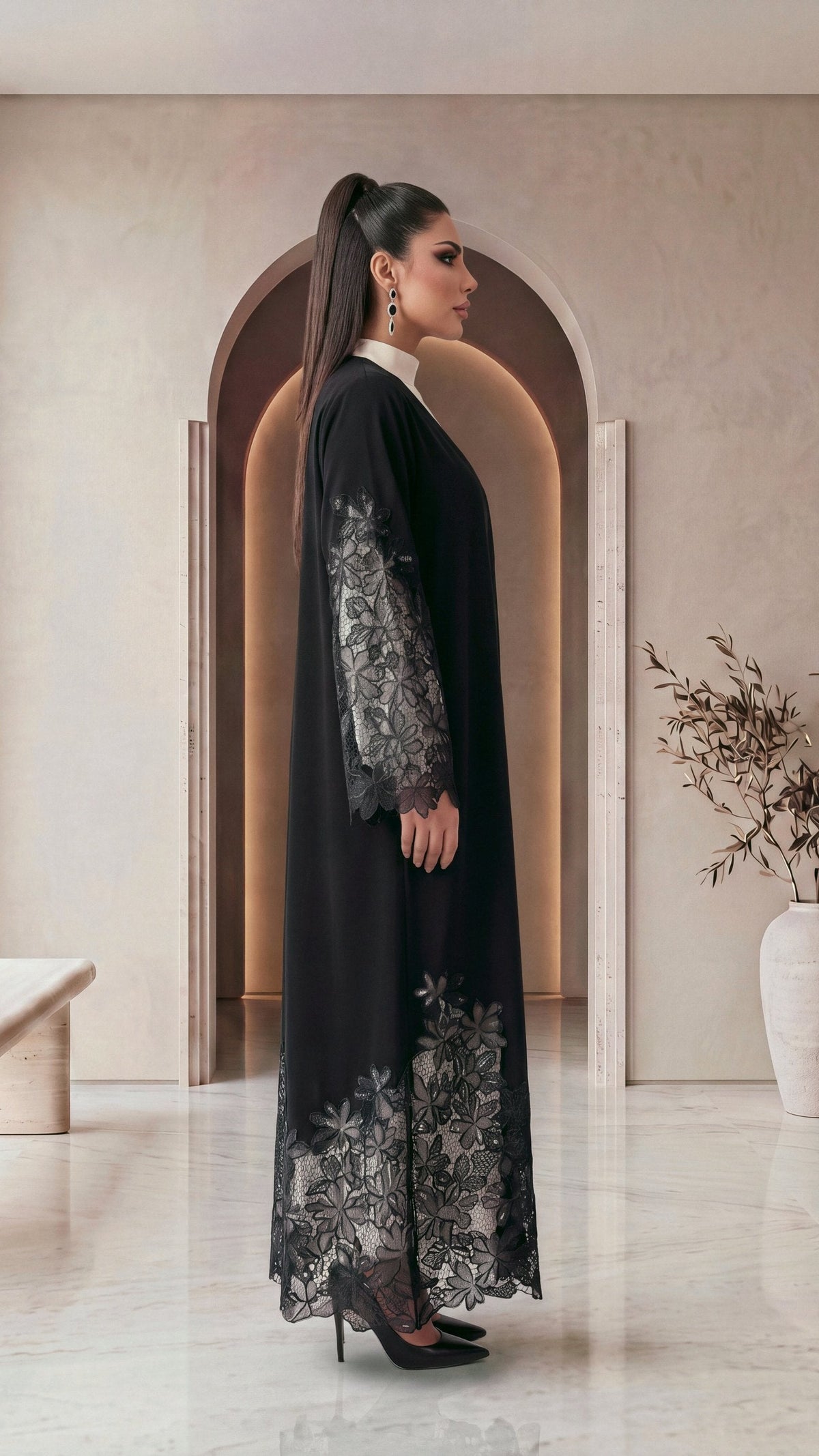 DALAL black lace abaya, side view
