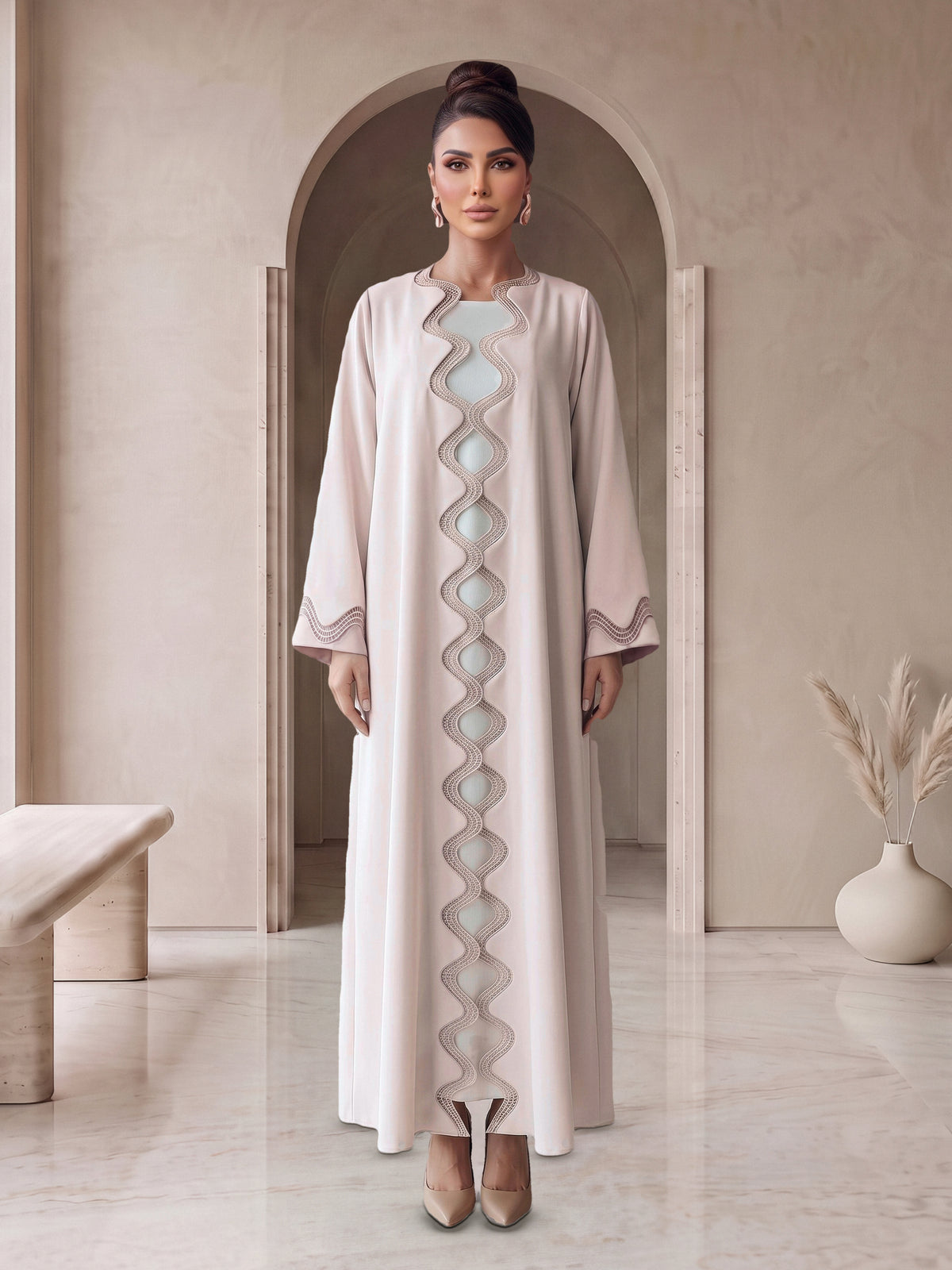 GHADEER blush pink embroidered abaya, front view, Diva Atelier Dubai