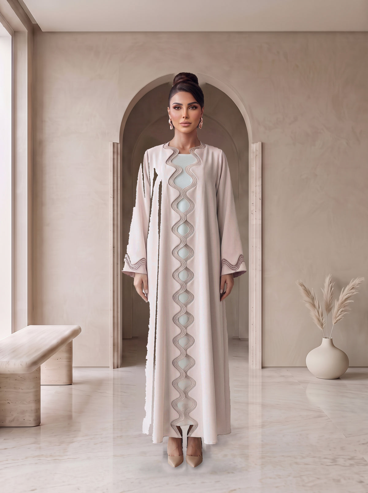 GHADEER blush pink embroidered abaya, front view, Diva Atelier Dubai