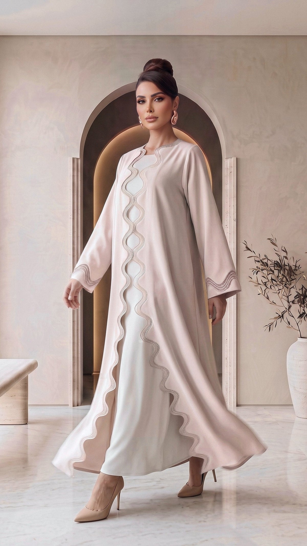 GHADEER blush abaya, three-quarter walking view