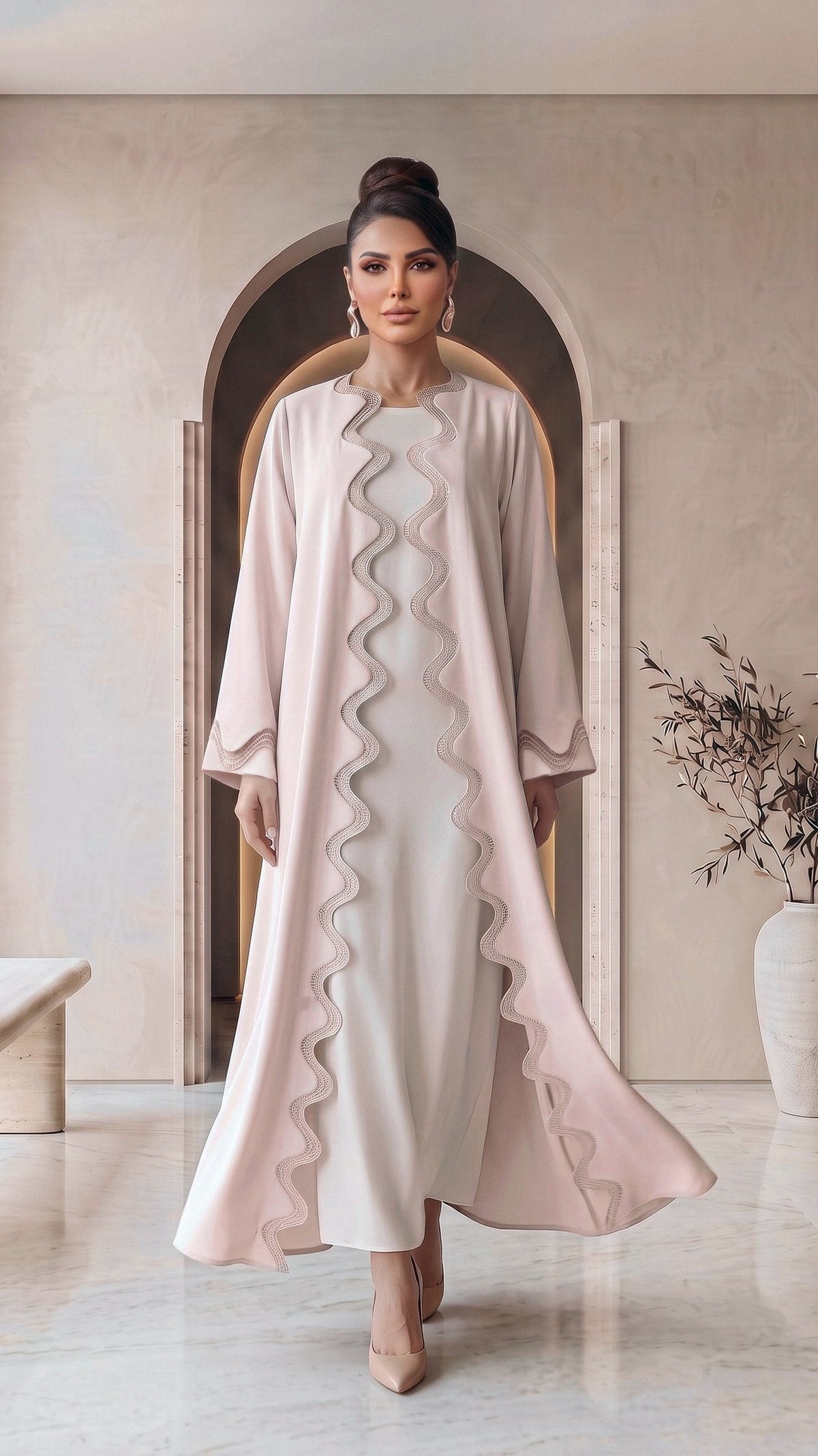 GHADEER blush abaya worn open, walking