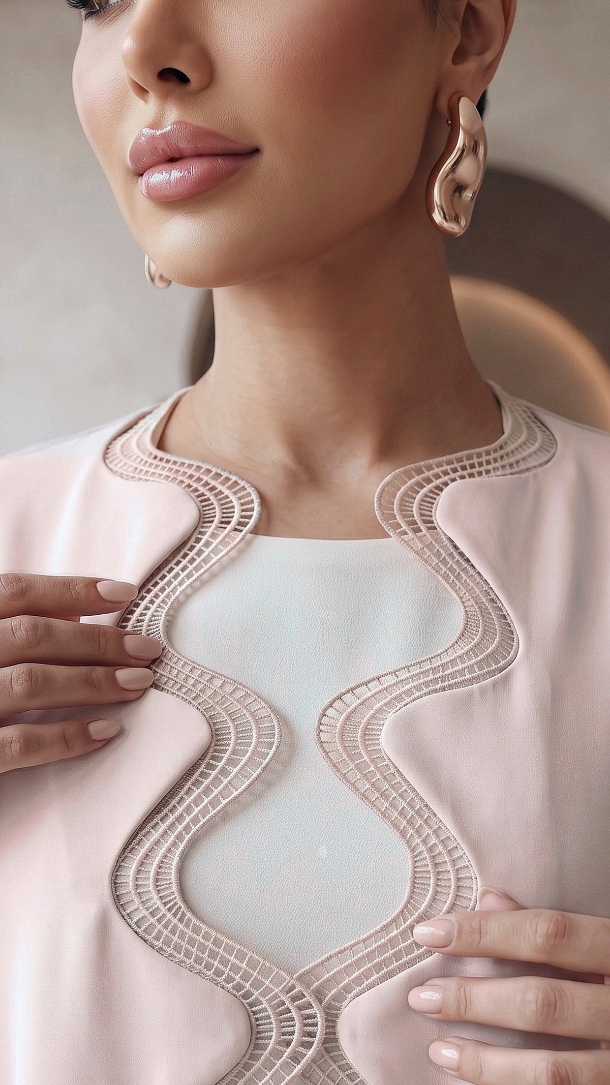 GHADEER wave neckline embroidery close-up