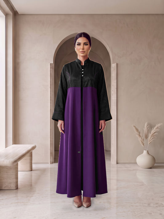 JOUD amethyst and black abaya, front view, Diva Atelier Dubai