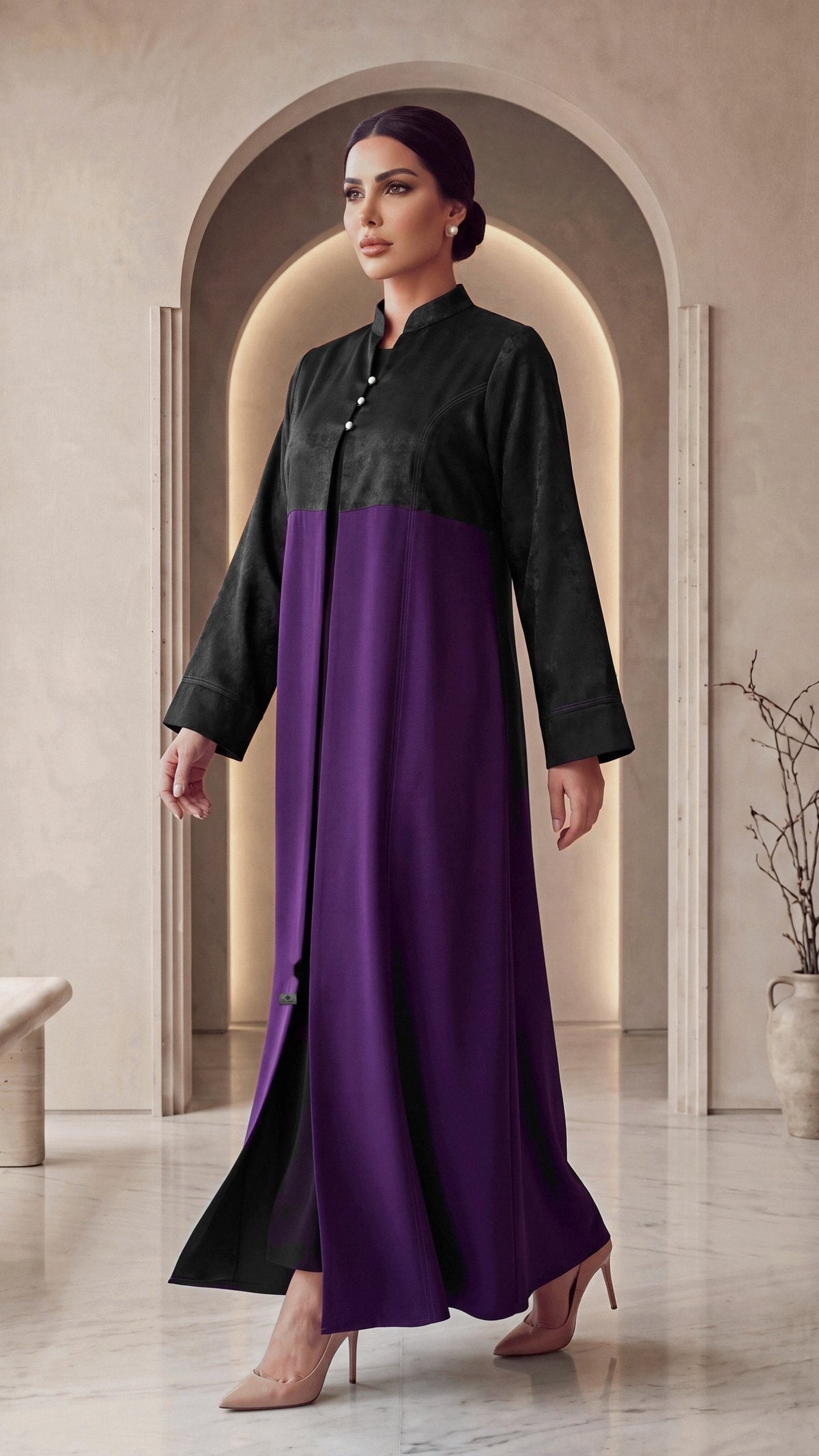 JOUD amethyst abaya, three-quarter walking view