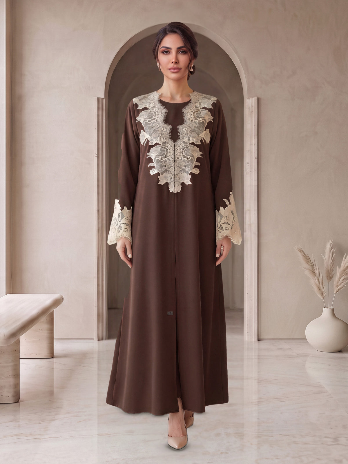 JURI chocolate brown lace abaya, front view, Diva Atelier Dubai