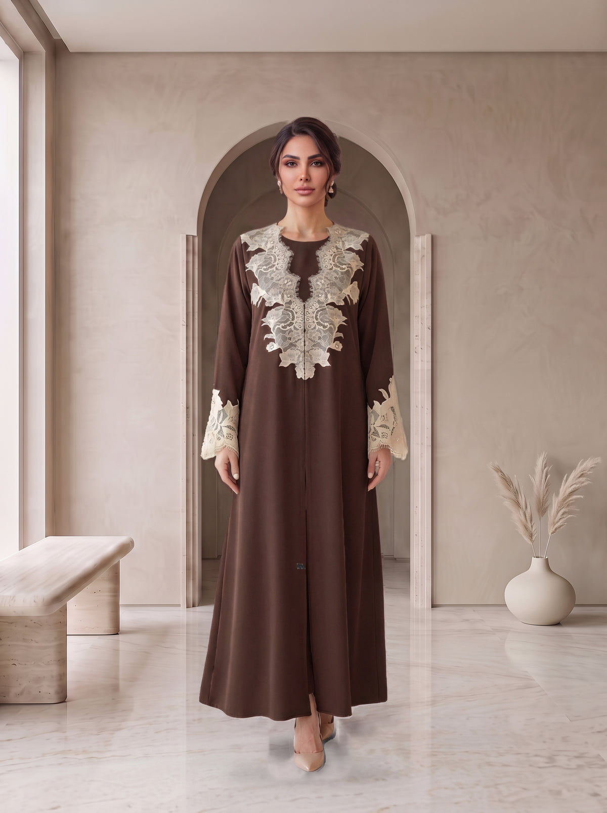 JURI chocolate brown lace abaya, front view, Diva Atelier Dubai