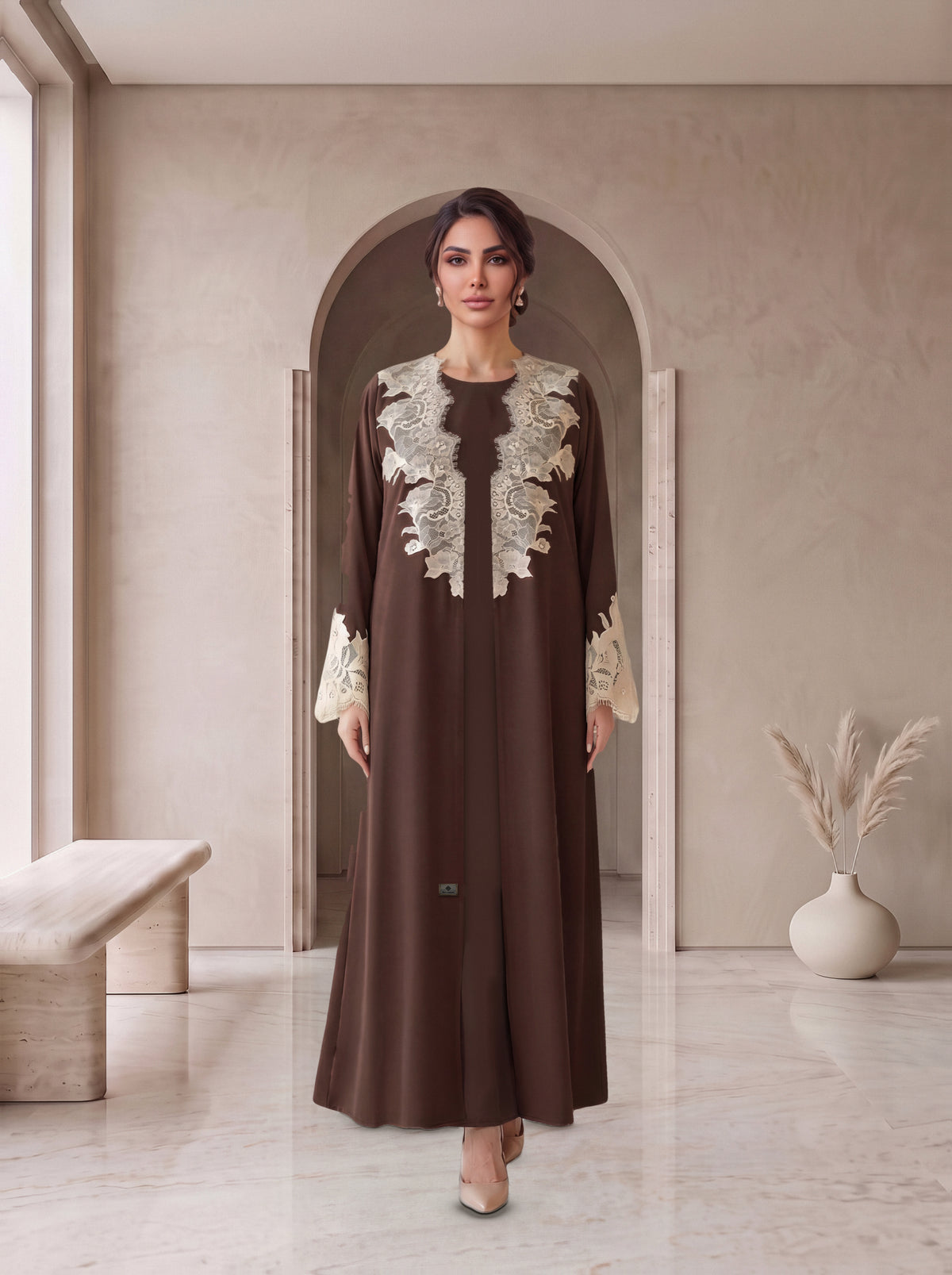 JURI chocolate abaya worn open at the front