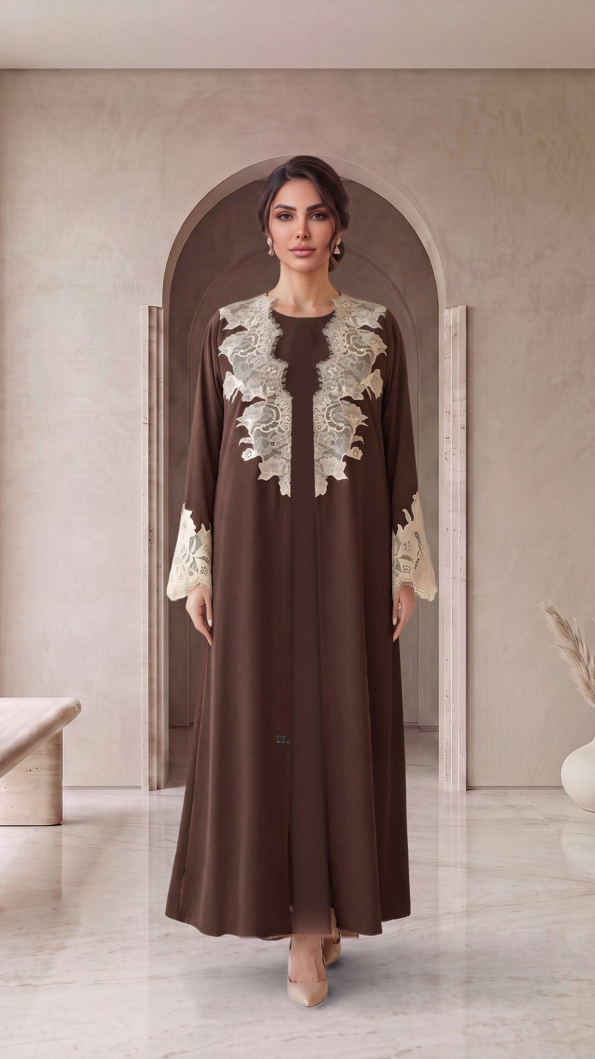 JURI chocolate abaya worn open at the front
