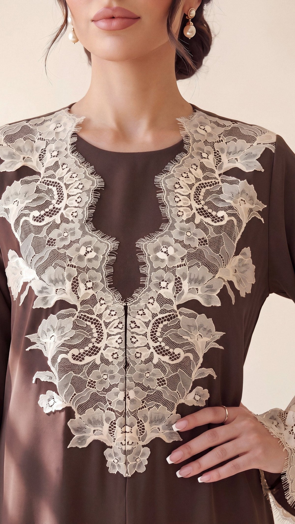 JURI ivory Chantilly lace at the yoke, close-up