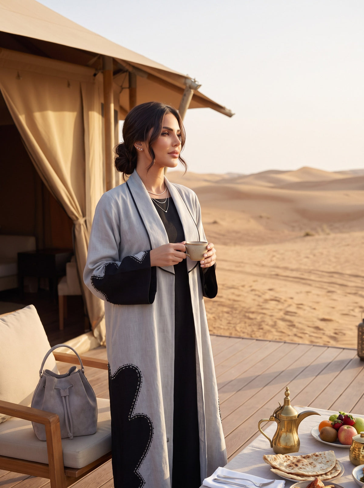LUJAIN abaya at a desert glamping breakfast
