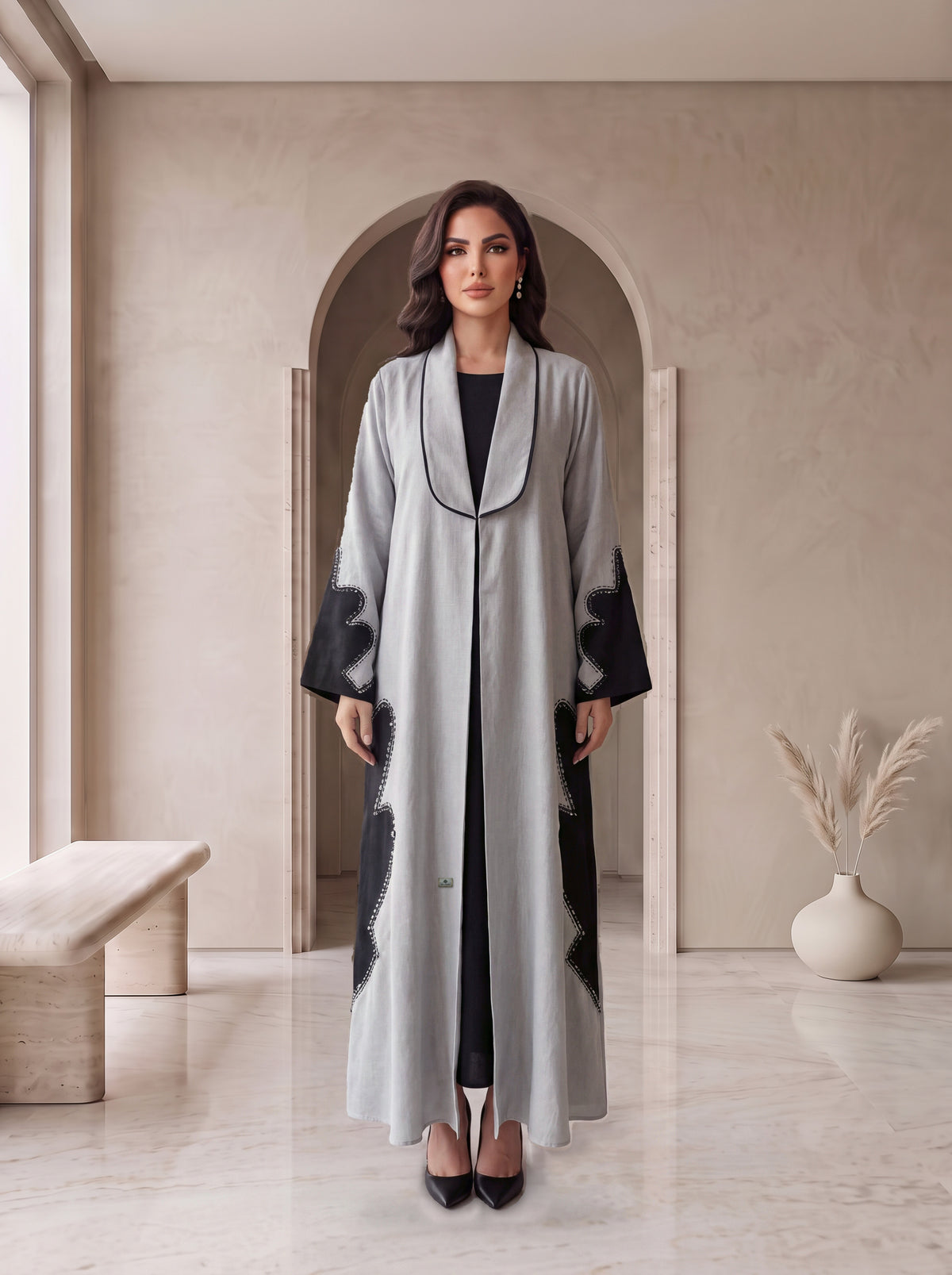 LUJAIN silver linen abaya with black piping, front view, Diva Atelier Dubai