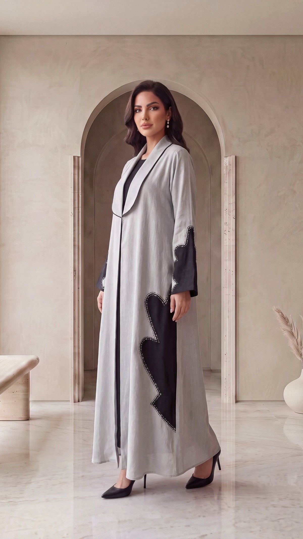 LUJAIN silver linen abaya, three-quarter view
