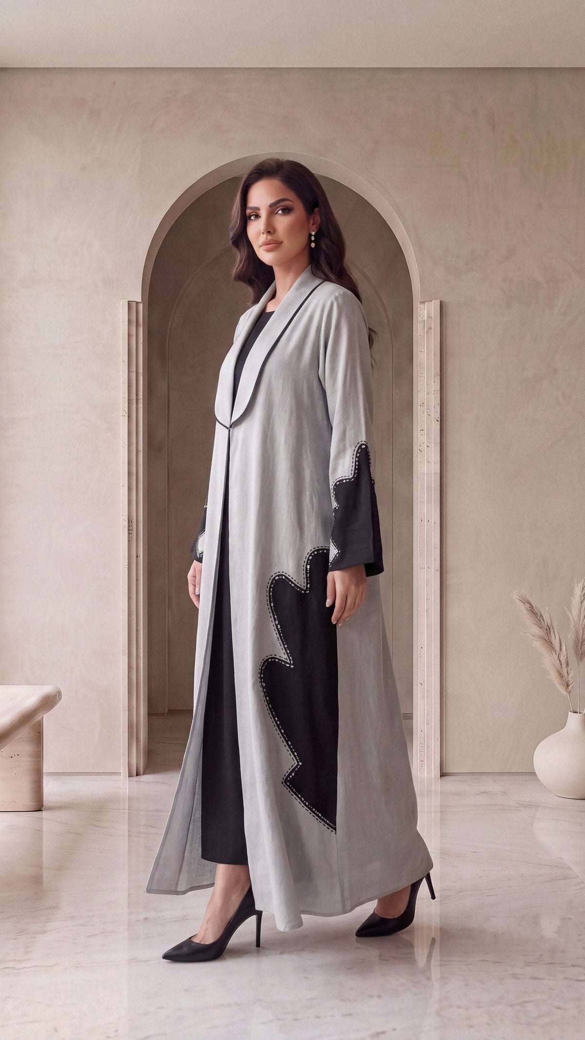 LUJAIN silver linen abaya, side walking view
