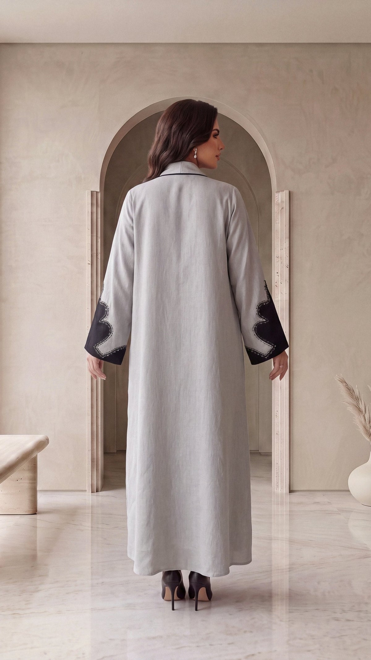 LUJAIN silver linen abaya, back view