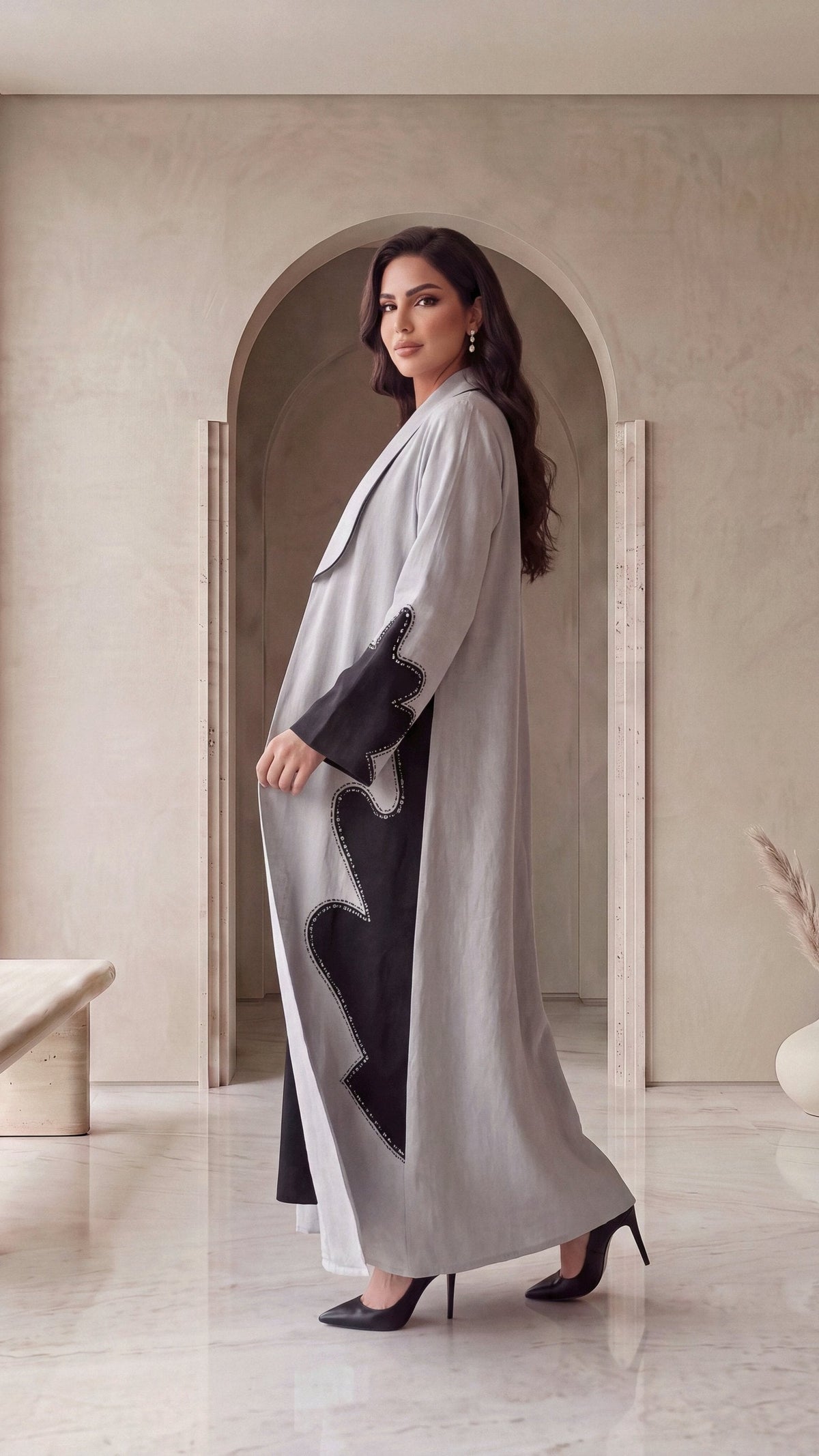 LUJAIN silver linen abaya, three-quarter left view