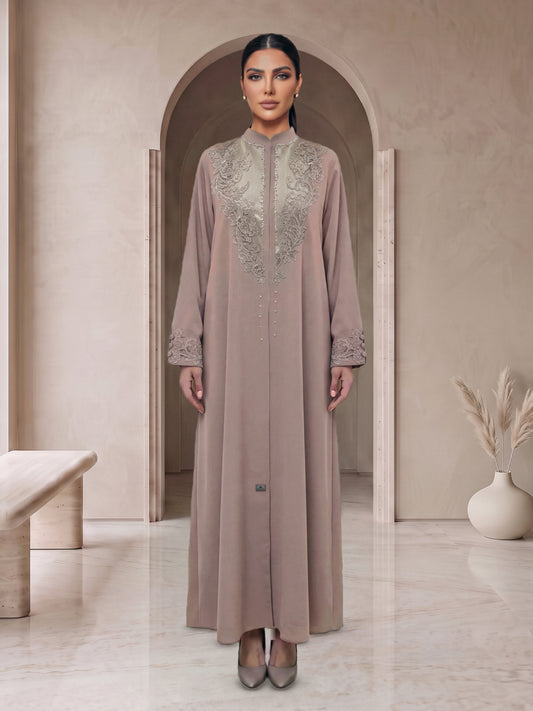 RAHAF mauve lace abaya, front view, Diva Atelier Dubai