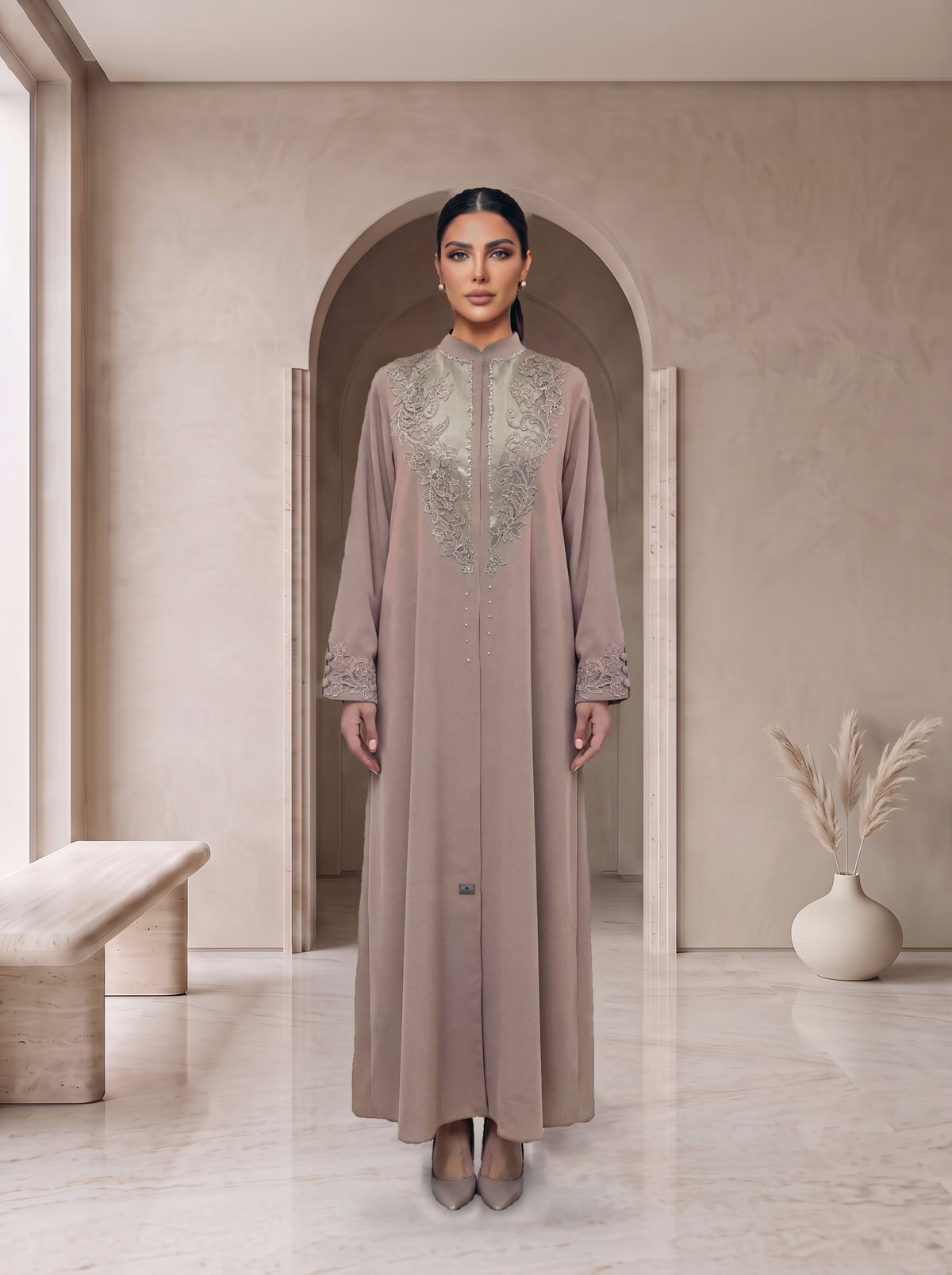 RAHAF mauve lace abaya, front view, Diva Atelier Dubai