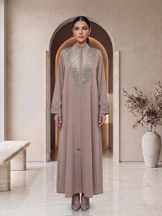 RAHAF mauve lace abaya, front view, Diva Atelier Dubai