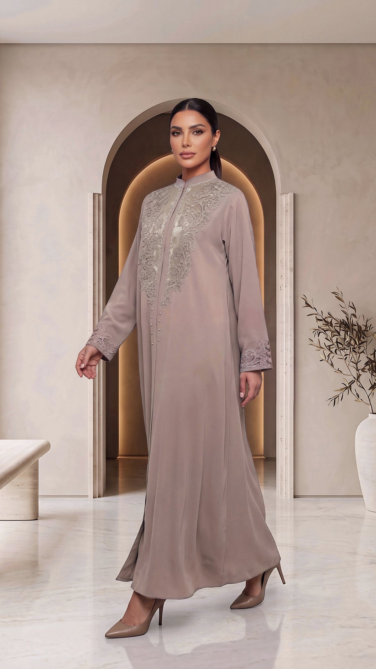 RAHAF mauve abaya, three-quarter walking view