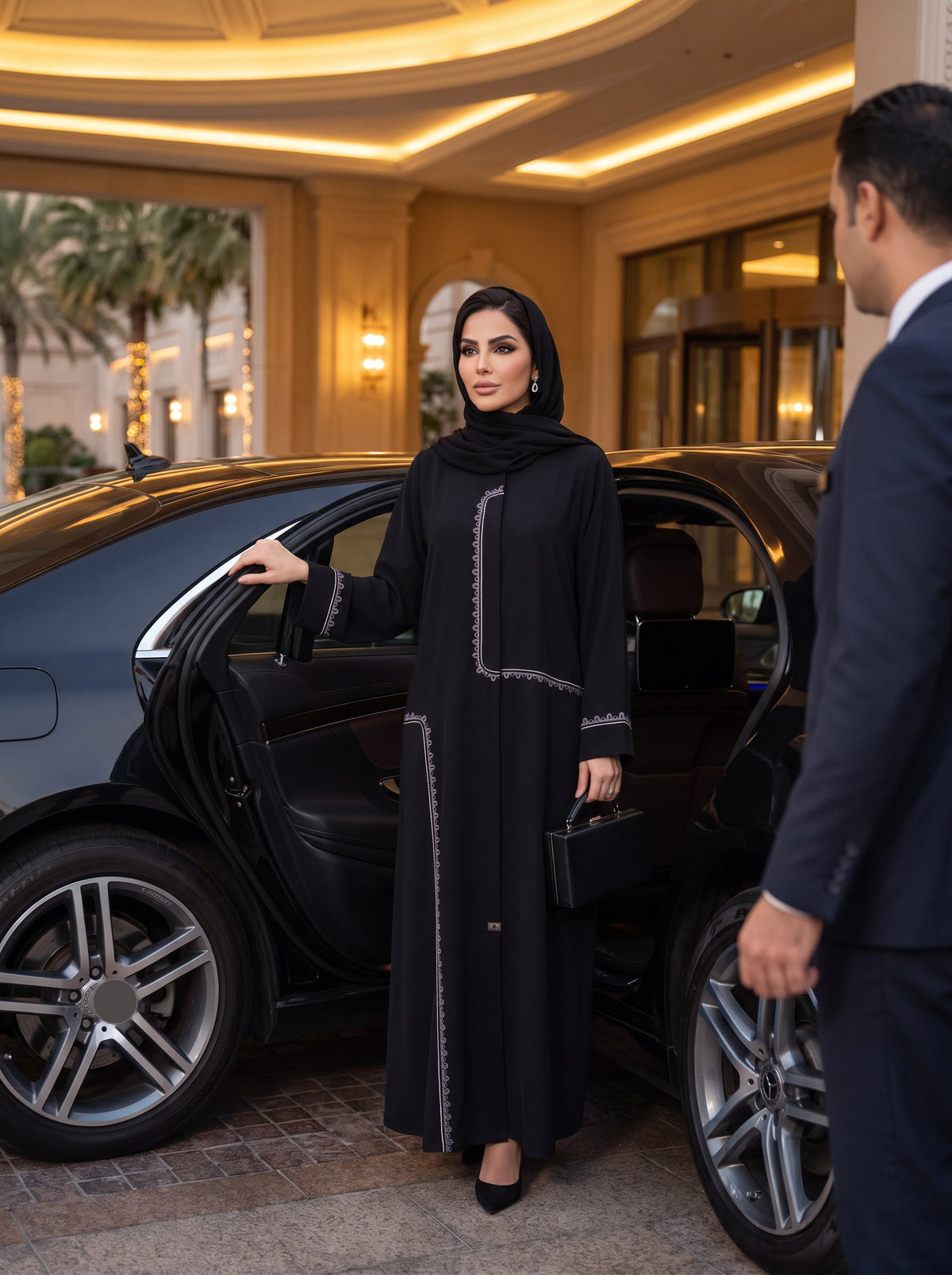 RETAJ abaya styled with shayla arriving at a hotel