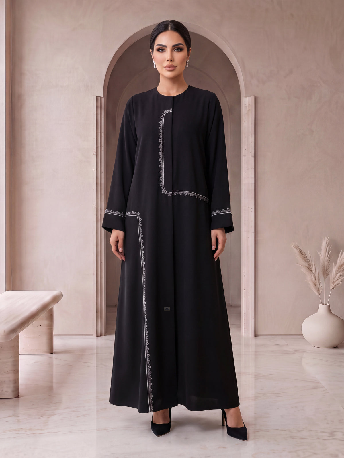 RETAJ black embroidered frame abaya, front view, Diva Atelier Dubai