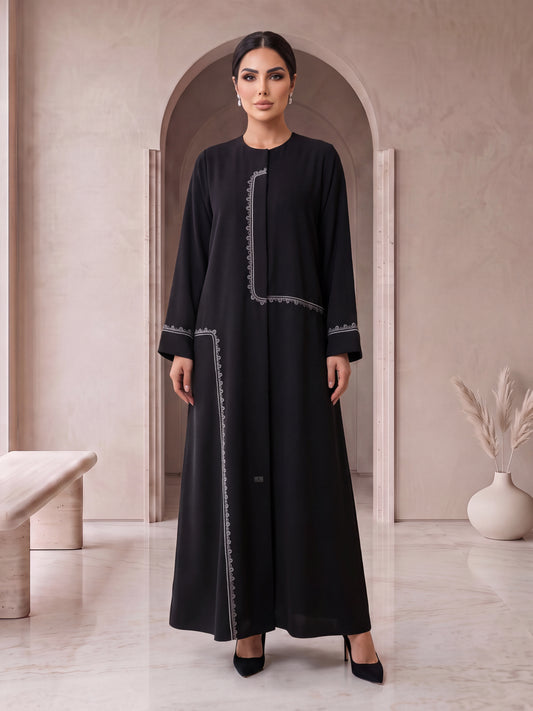 RETAJ black embroidered frame abaya, front view, Diva Atelier Dubai