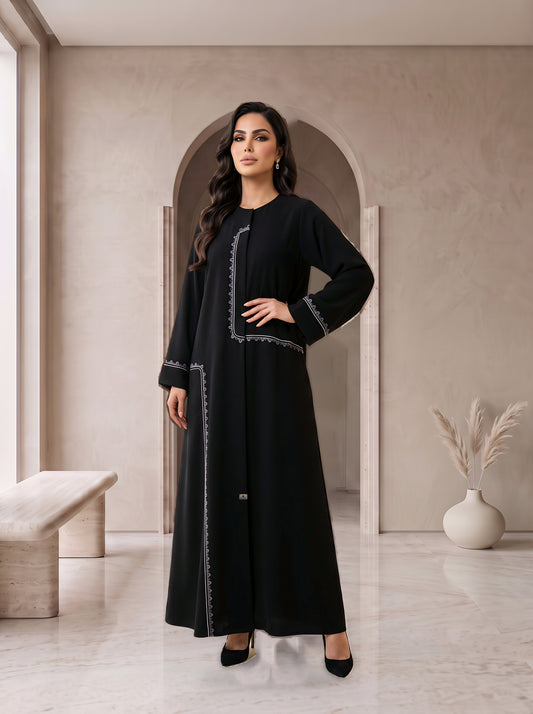 RETAJ black embroidered frame abaya, front view, Diva Atelier Dubai