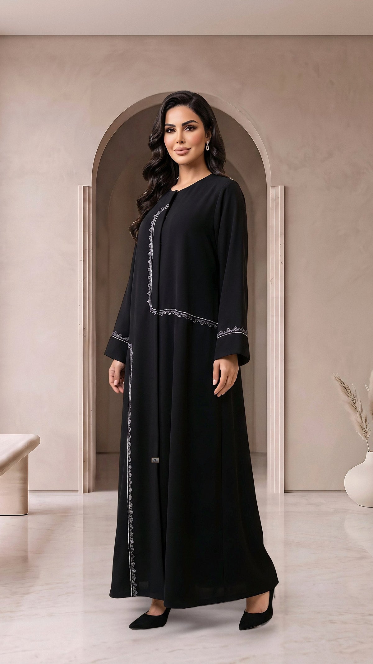 RETAJ black abaya, three-quarter view