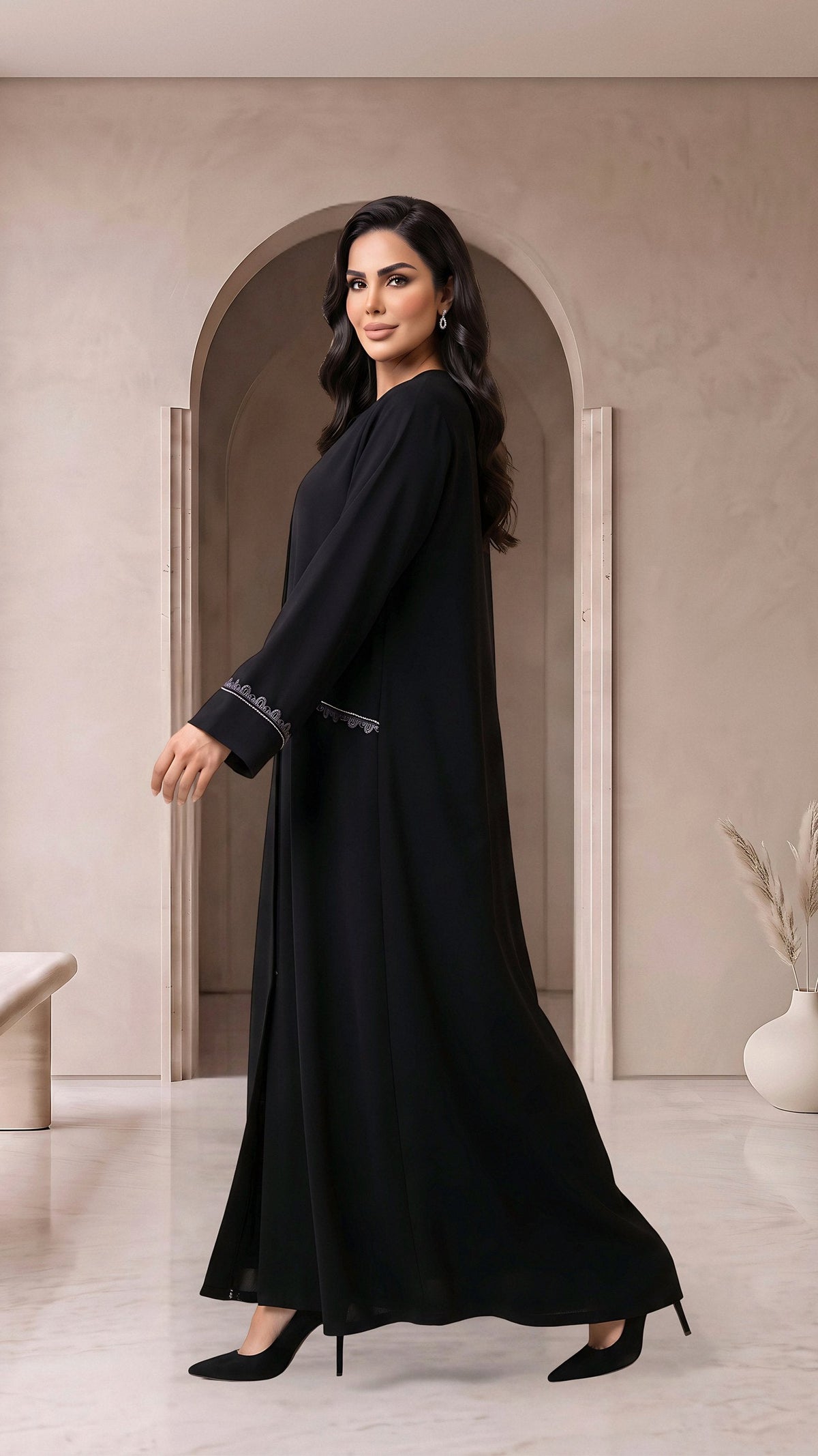 RETAJ black abaya, side walking view