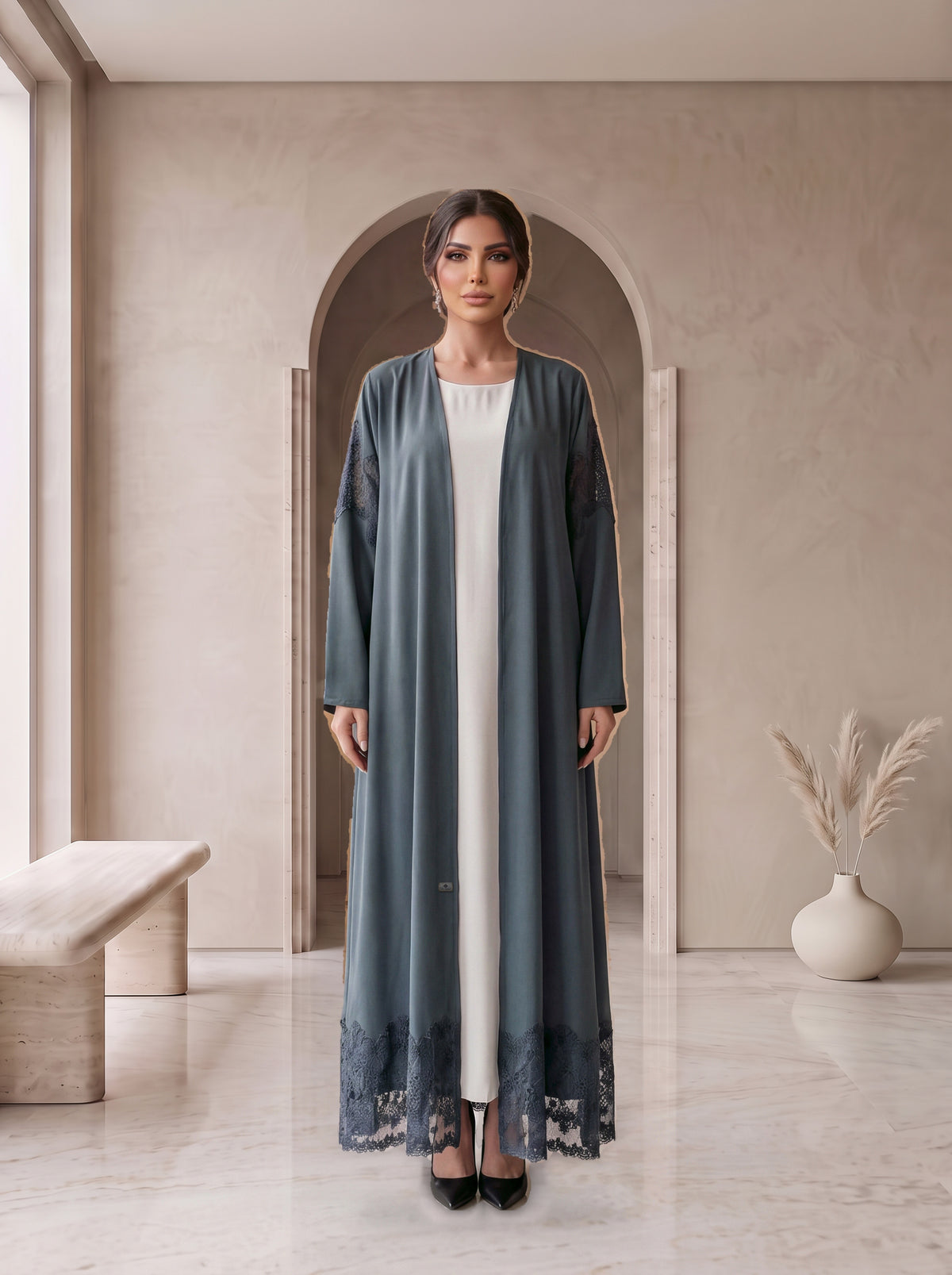 SADEEM slate grey lace abaya with white inner, front view, Diva Atelier Dubai
