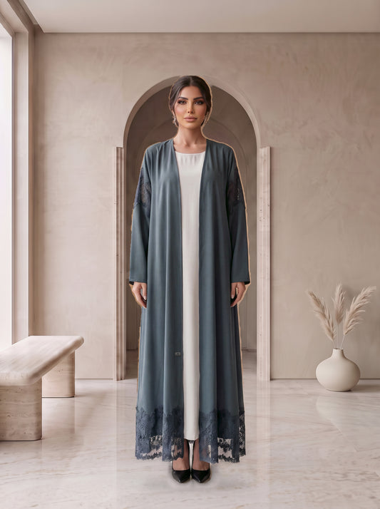 SADEEM slate grey lace abaya with white inner, front view, Diva Atelier Dubai
