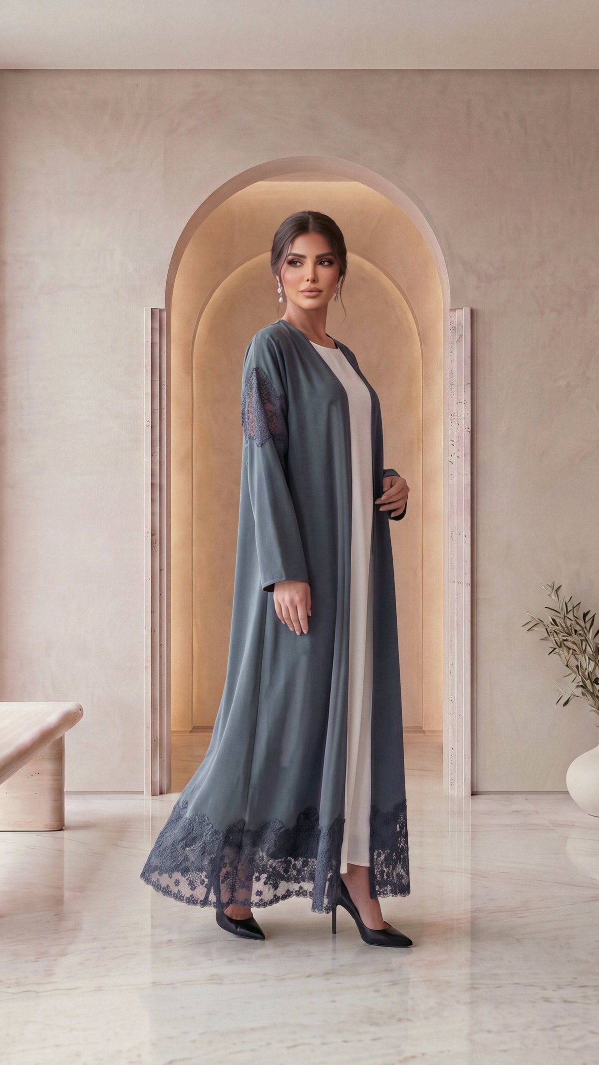SADEEM slate grey abaya, three-quarter walking view