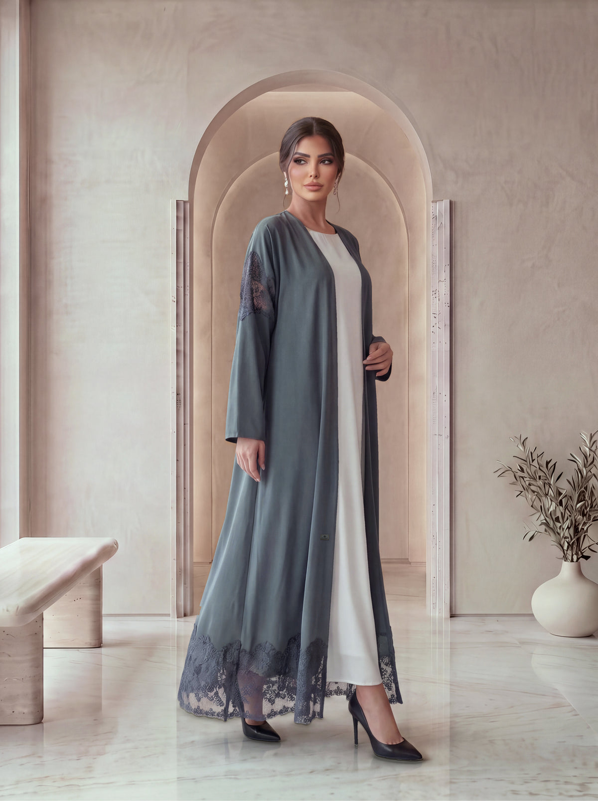 SADEEM slate grey abaya, three-quarter walking view