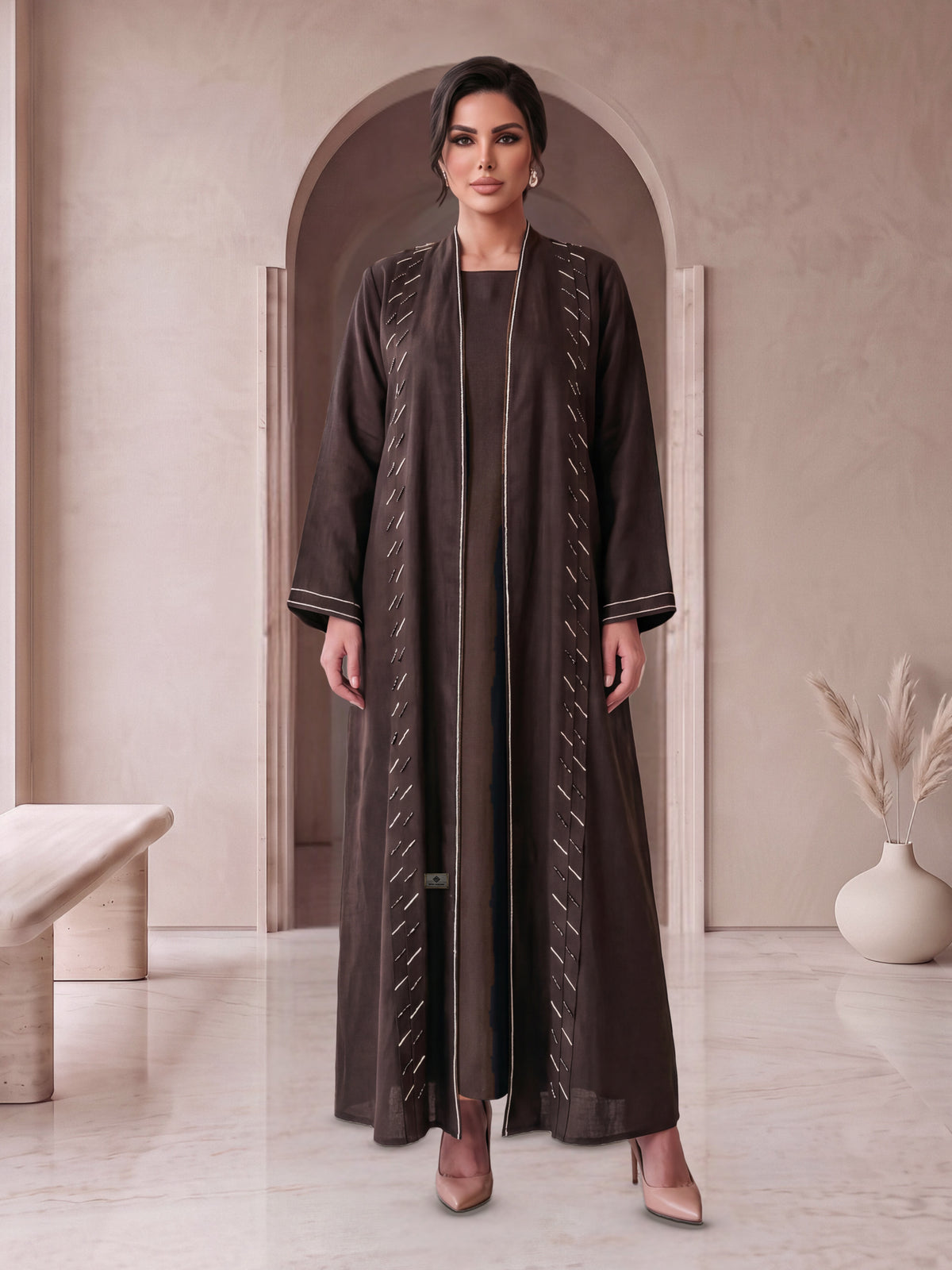 SIDRA espresso linen beaded abaya, front view, Diva Atelier Dubai