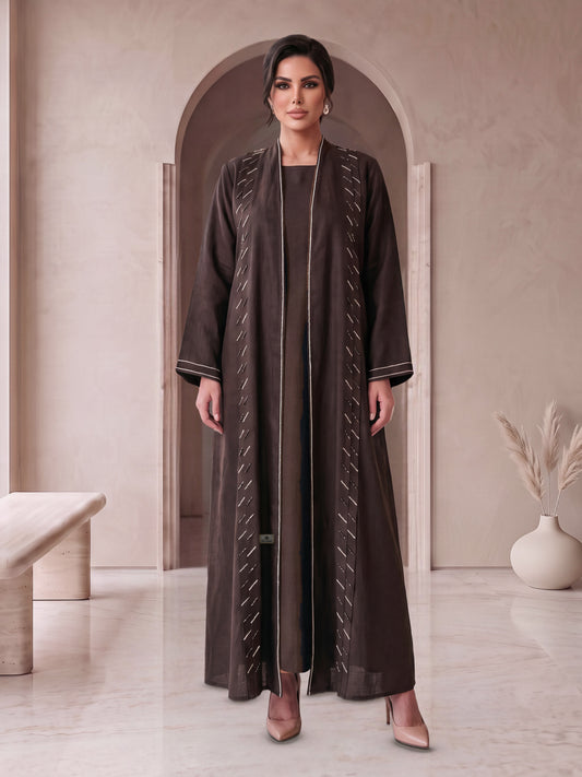 SIDRA espresso linen beaded abaya, front view, Diva Atelier Dubai