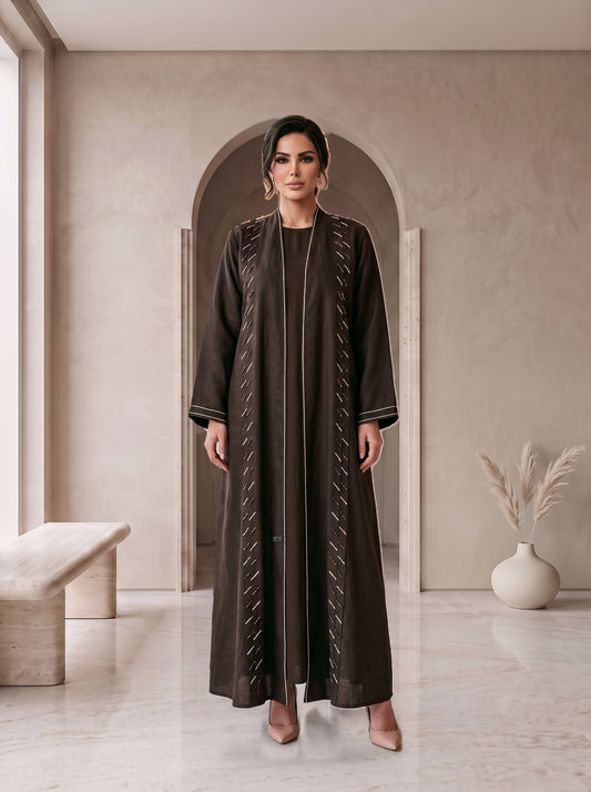 SIDRA espresso linen beaded abaya, front view, Diva Atelier Dubai